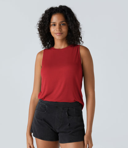 Ribbed Round Neck Basic Casual Tank Top