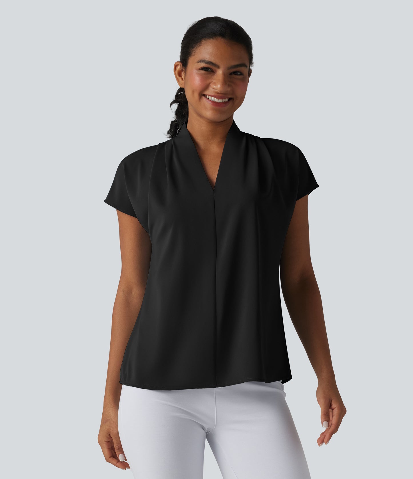 Wrinkle Recovery V-neck Batwing Sleeve Loose Fit Work Blouse