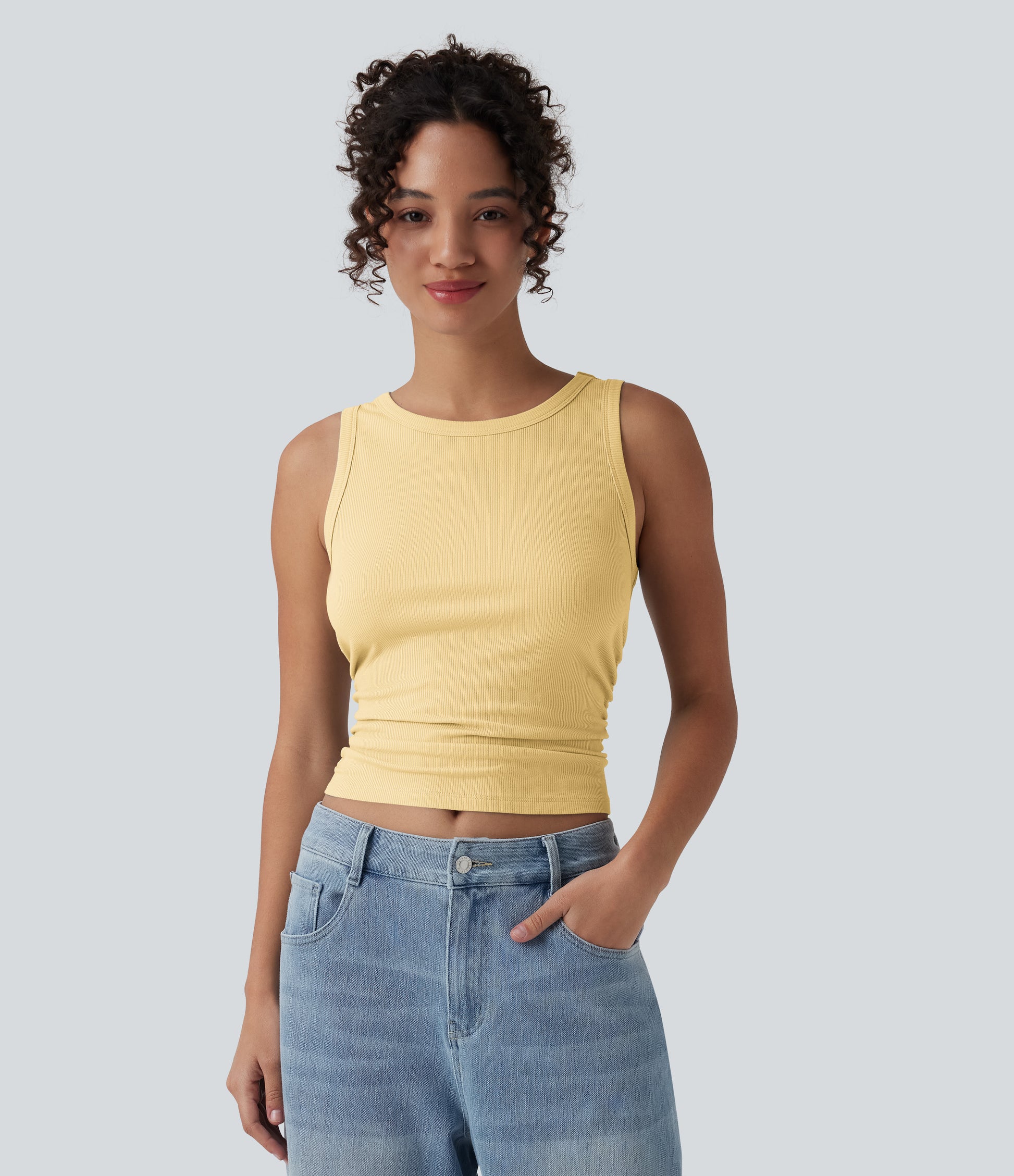 Ribbed Knit Round Neck Ruched Casual Tank Top