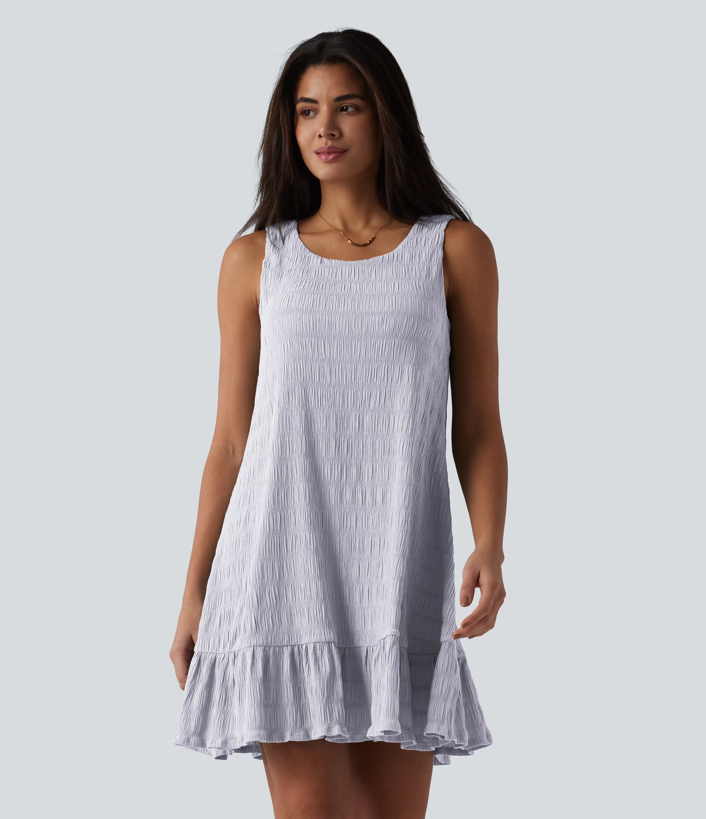 Round Neck Built-in Bra Sleeveless Ruffle Hem Mini Casual Dress