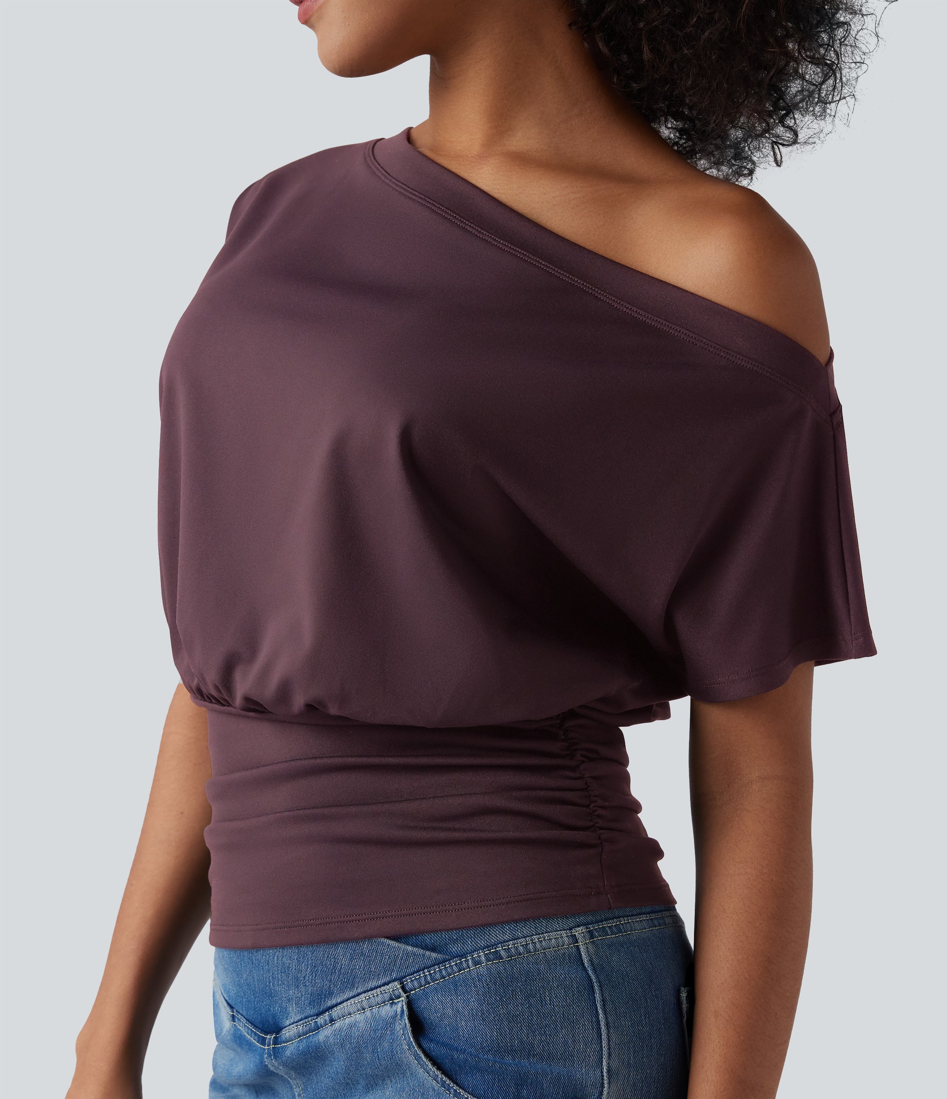 One Shoulder Short Sleeve Ruched Casual Top