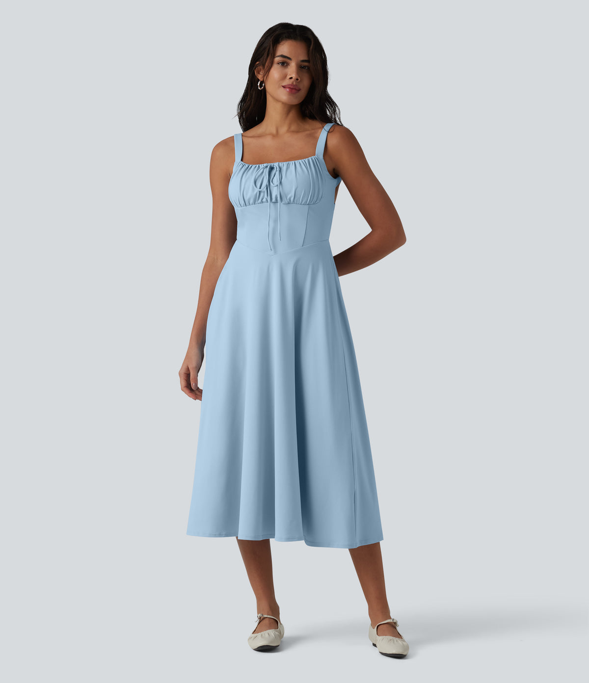 Crisscross Backless Square Neck Sleeveless Ruched Built-in Bra Midi Resort Flowy Milkmaid Dress