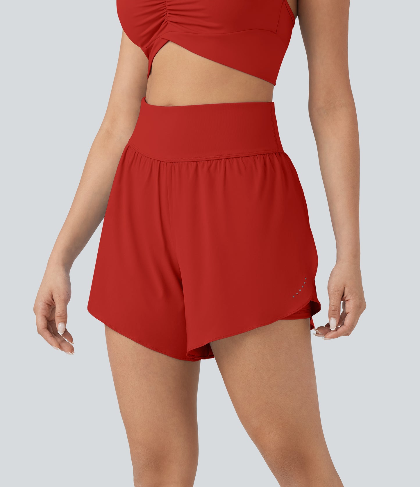 SoftlyZero™ QuickDry High Waisted Tummy Control Reflective Dots Crossover Hem 2-in-1 Running Shorts 5'' with Pockets