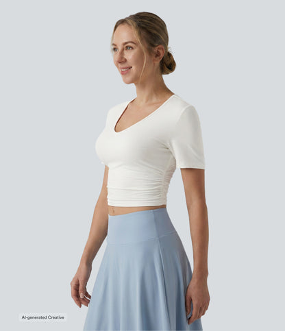 V Neck Short Sleeve Cropped Casual T-Shirt