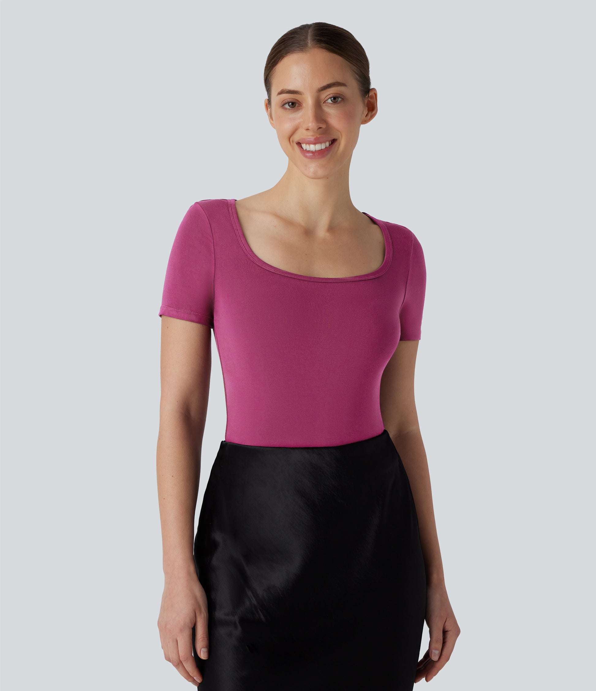 U Neck Short Sleeve Snap Skinny Work Bodysuit