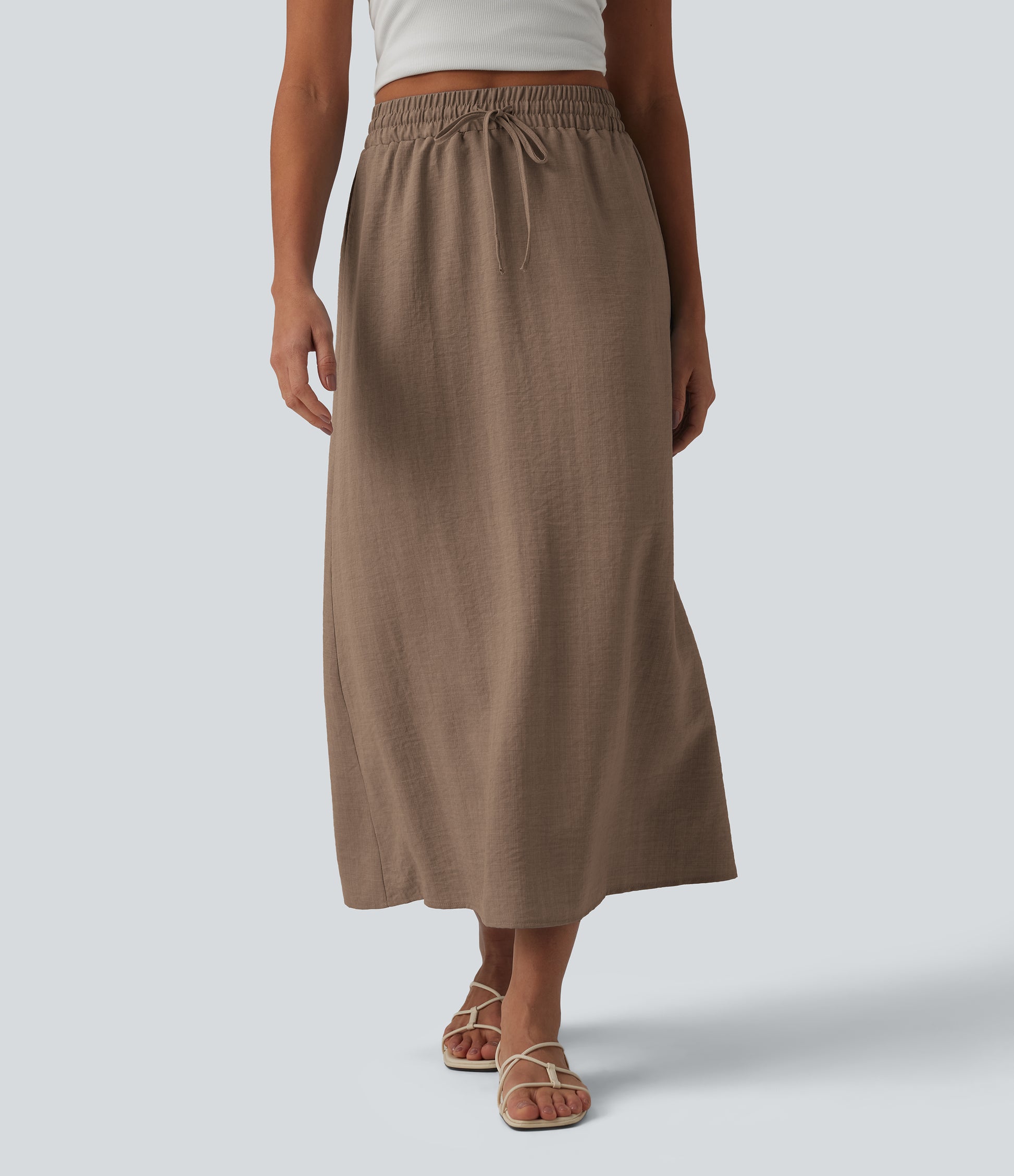 High Waisted Drawstring Maxi Linen-Feel Casual Skirt
