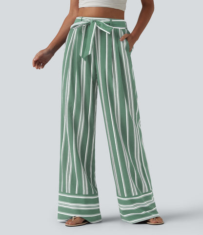 High Waisted Belted Stripes Resort Baggy Pants with Pockets