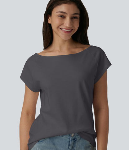 Boat Neck Short Sleeve Casual Pima Cotton T-Shirt