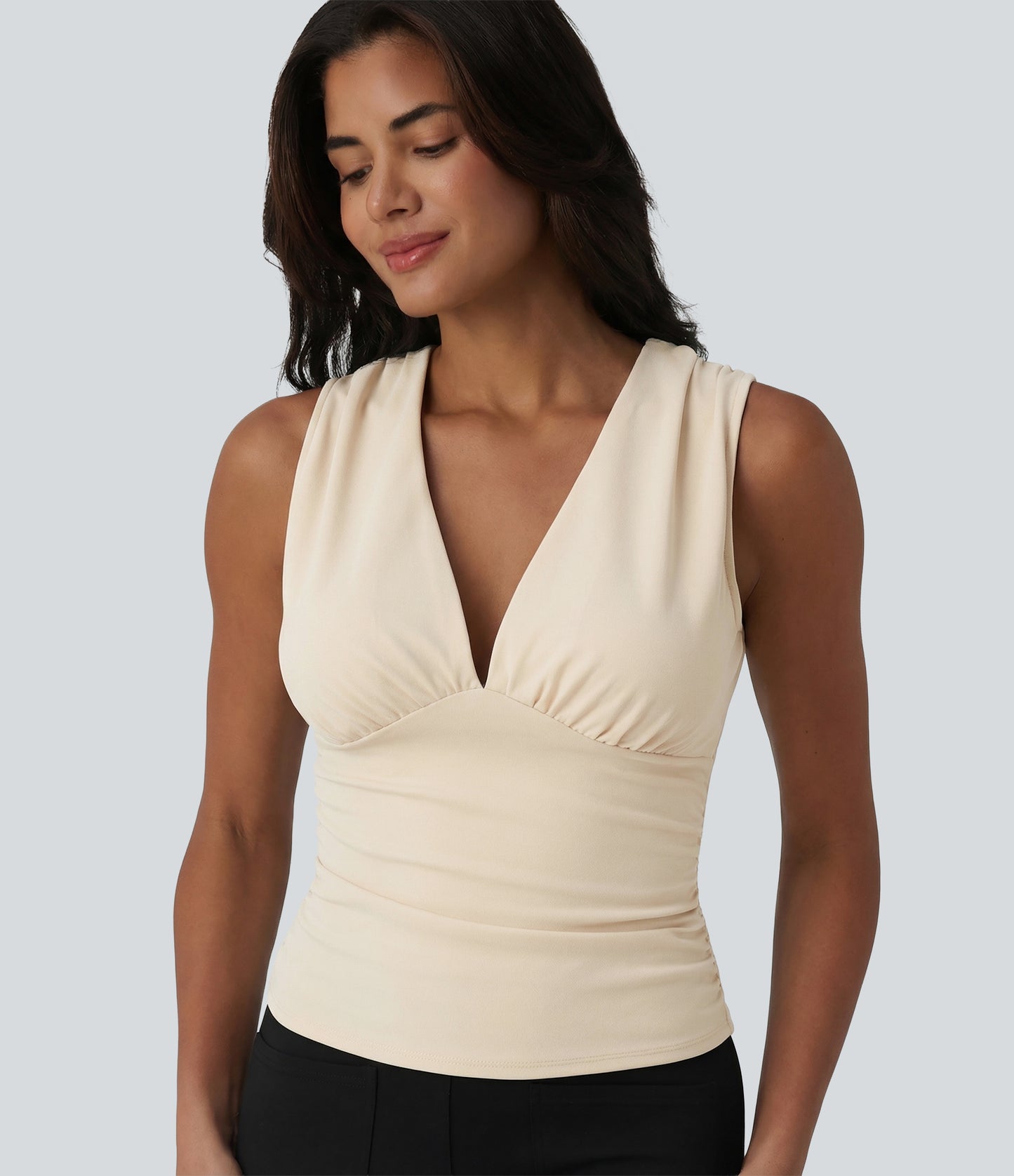 V Neck Ruched Built-in Bra Work Tank Top