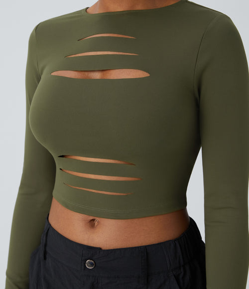 DayStretch Round Neck Long Sleeve Cut Out Ripped Skinny Cropped Casual Top