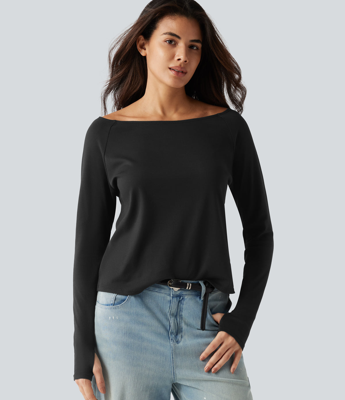Boat Neck Long Sleeve Thumb Hole Casual Pima Cotton T-Shirt