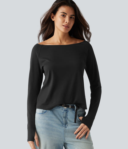 Boat Neck Long Sleeve Thumb Hole Casual Pima Cotton T-Shirt