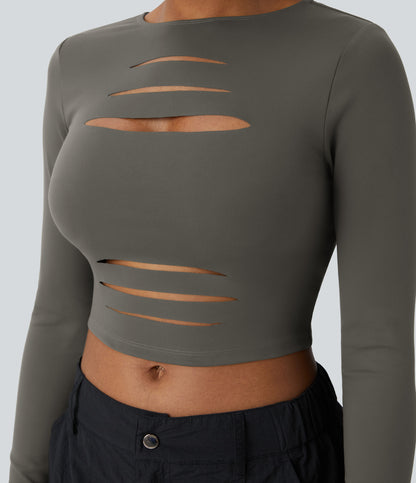 DayStretch Round Neck Long Sleeve Cut Out Ripped Skinny Cropped Casual Top