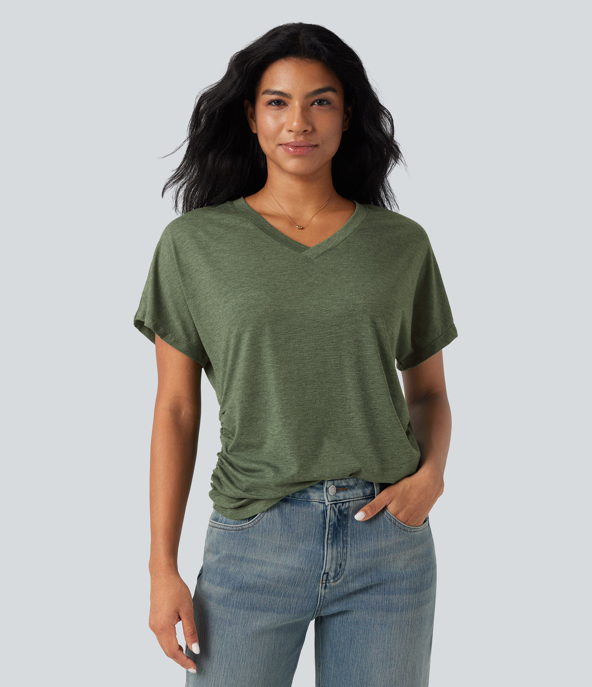 V-neck Short Sleeve Ruched Relaxed Casual Top