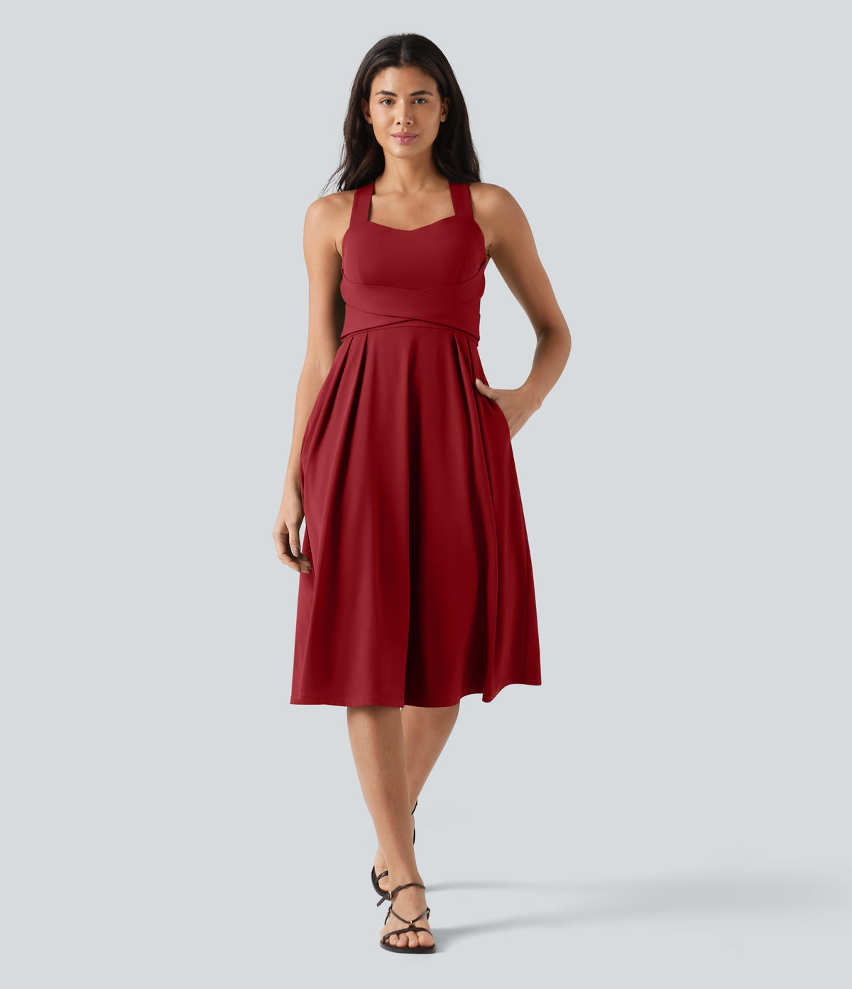 Sweetheart Neck Sleeveless Crisscross Tie-back Midi Casual Flowy Dress with Pockets