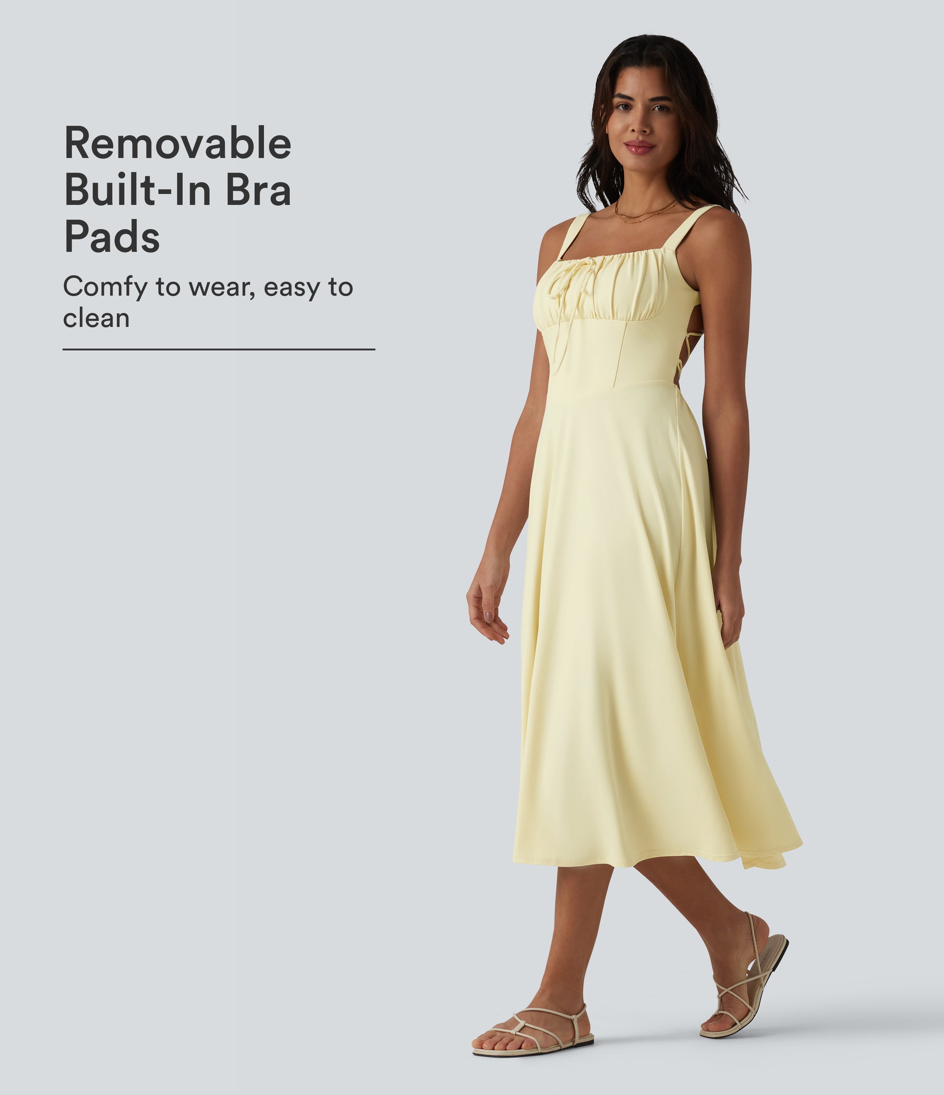 Crisscross Backless Square Neck Sleeveless Ruched Built-in Bra Midi Resort Flowy Milkmaid Dress
