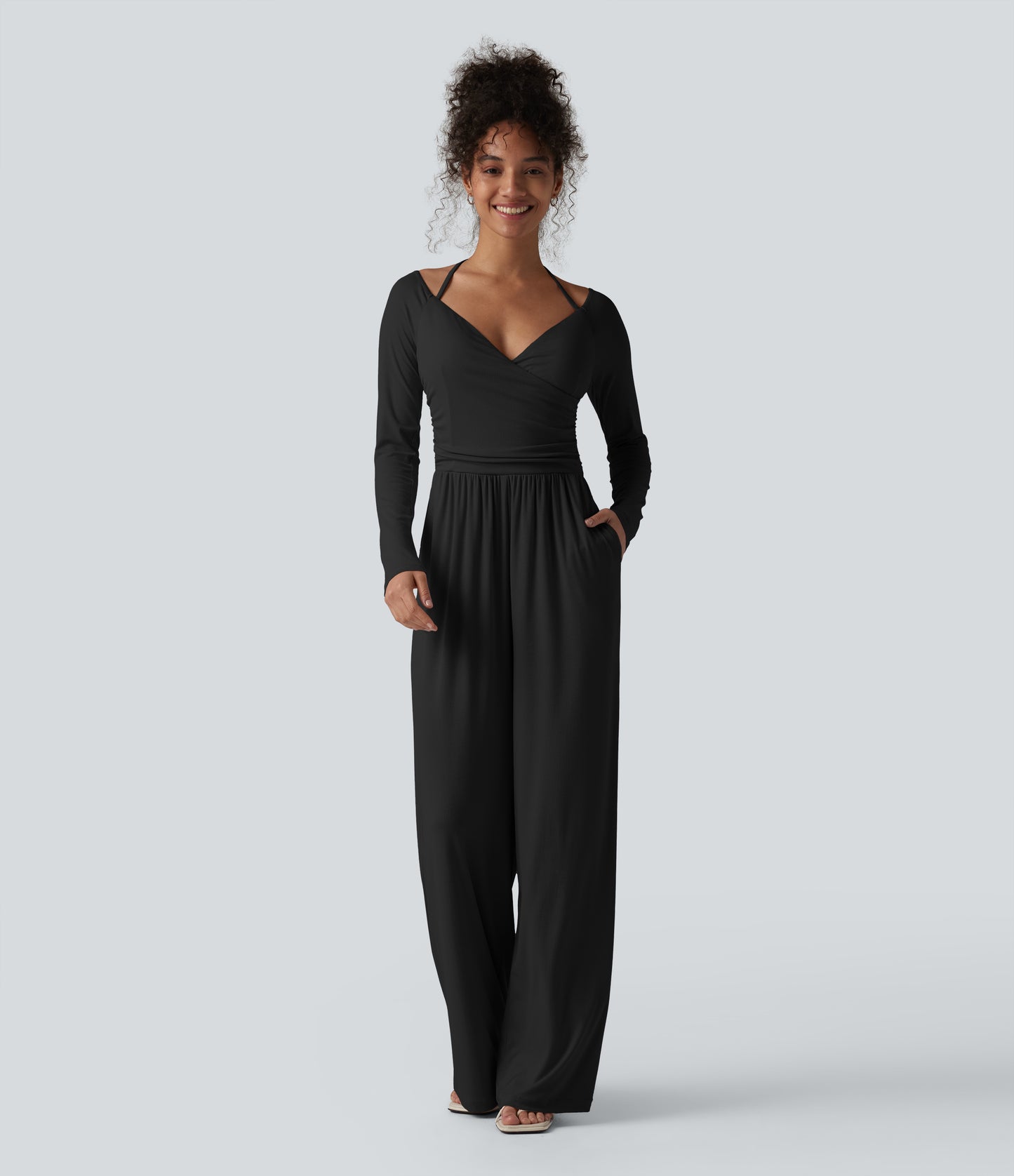 Ribbed Halter Tie Back Off Shoulder Built-in Bra Long Sleeve Casual Jumpsuit with Pockets