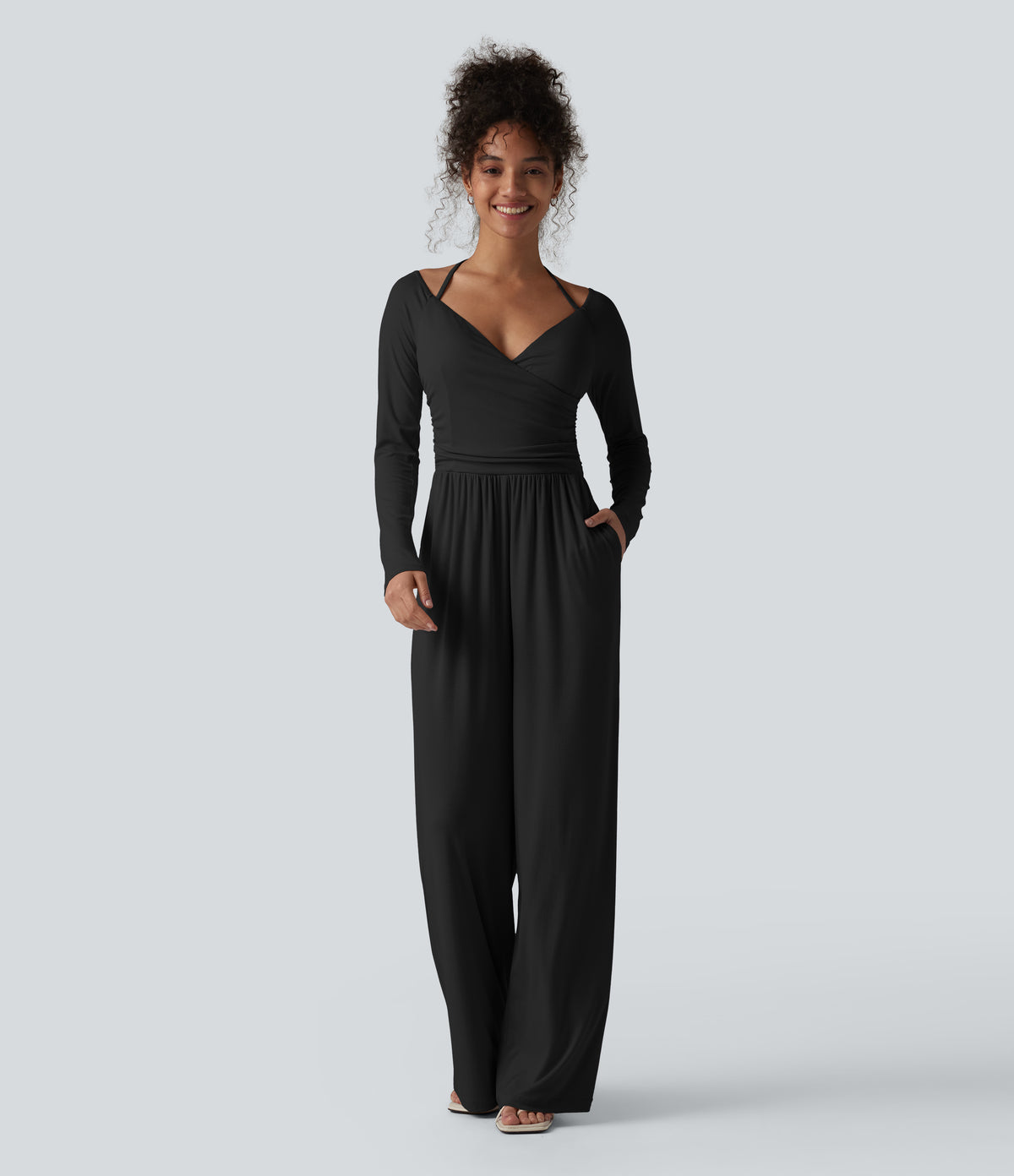 Ribbed Halter Tie Back Off Shoulder Built-in Bra Long Sleeve Casual Jumpsuit with Pockets