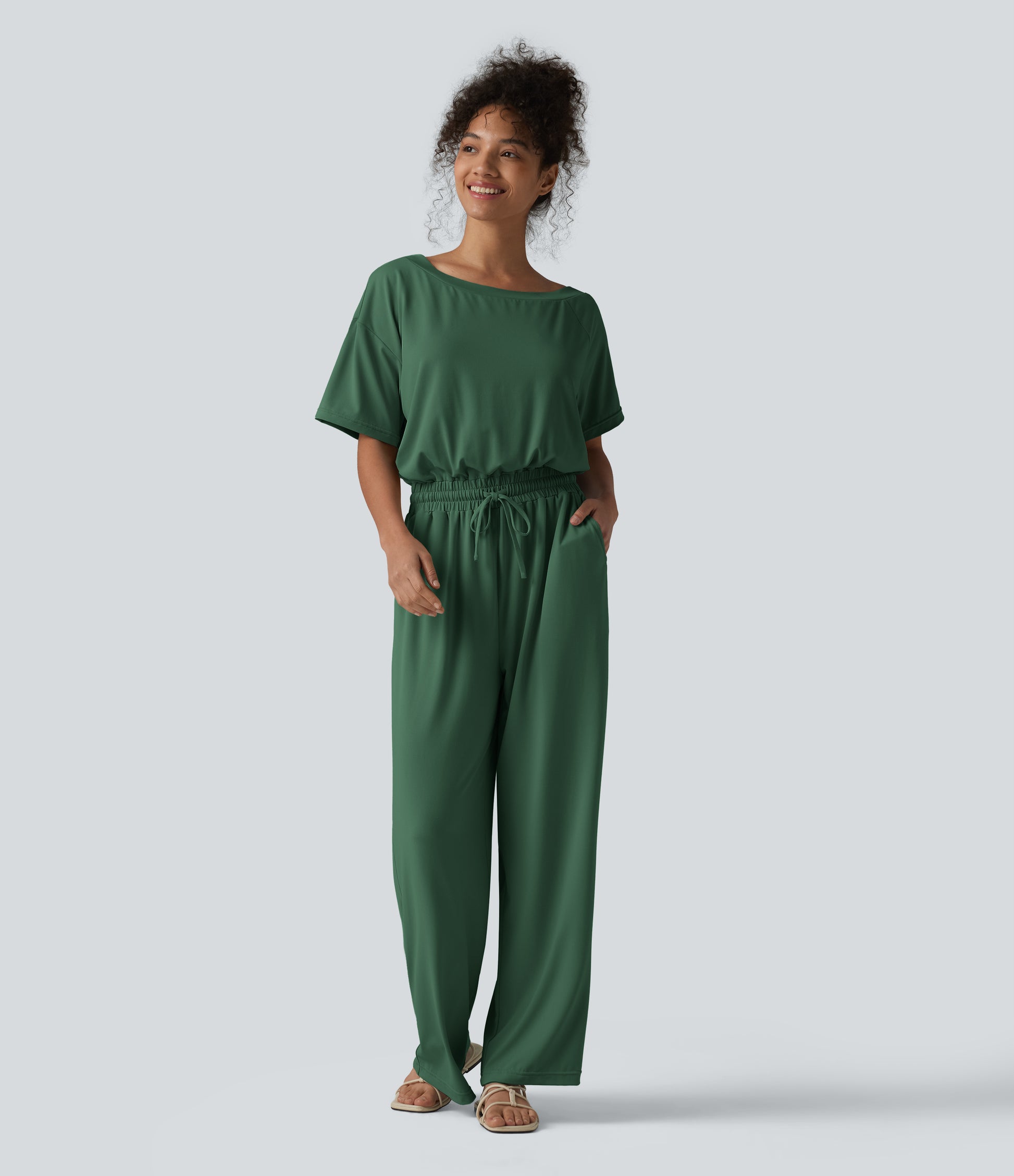 Boat Neck Short Sleeve Drawstring Baggy Casual Jumpsuit with Pockets-Easy Peezy Edition