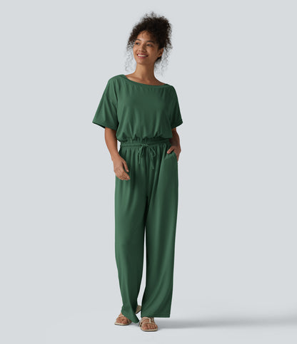 Boat Neck Short Sleeve Drawstring Baggy Casual Jumpsuit with Pockets-Easy Peezy Edition