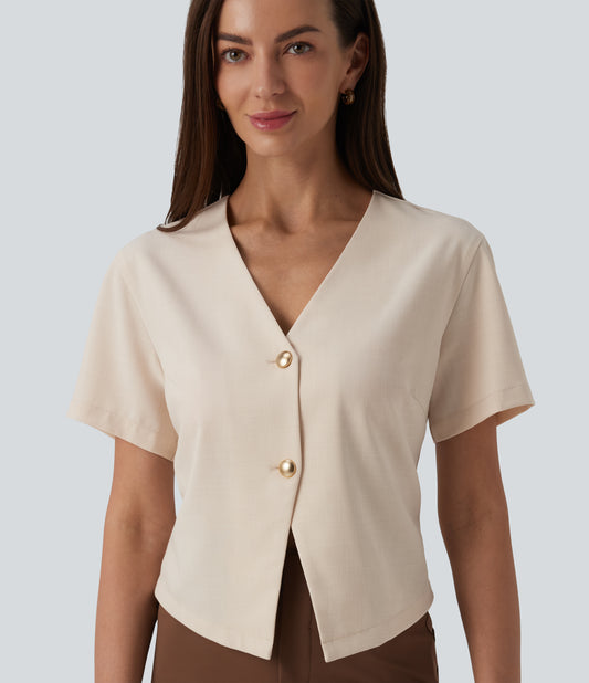V Neck Short Sleeve Work Linen-Feel Blouse
