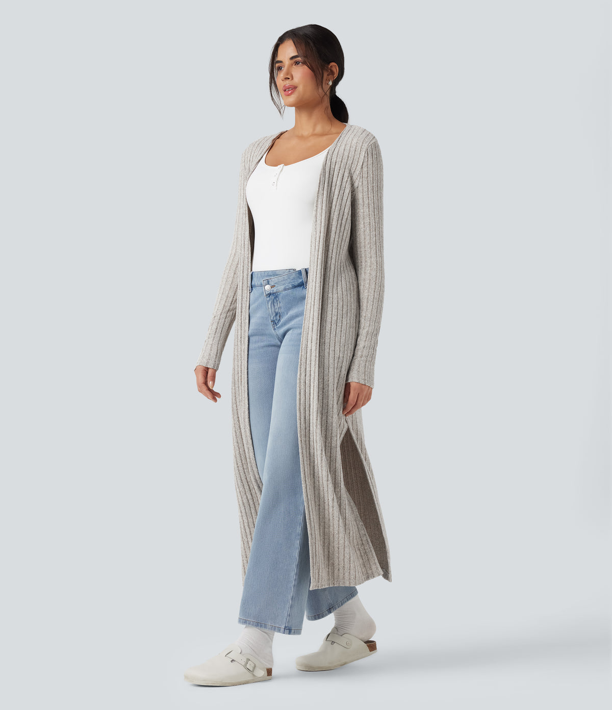 Ribbed Knit Long Sleeve Split Casual Longline Cardigan