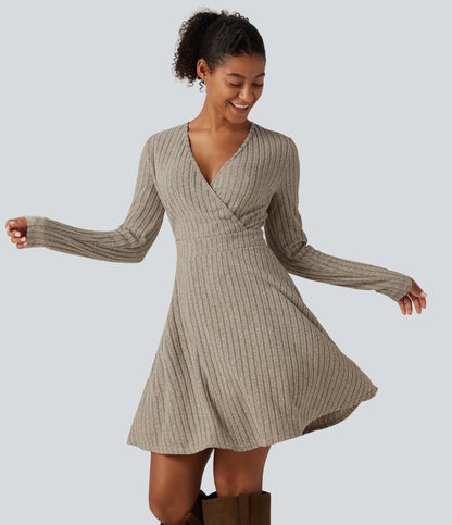 Ribbed Knit V-Neck Crossover Long Sleeve Mini Casual Dress