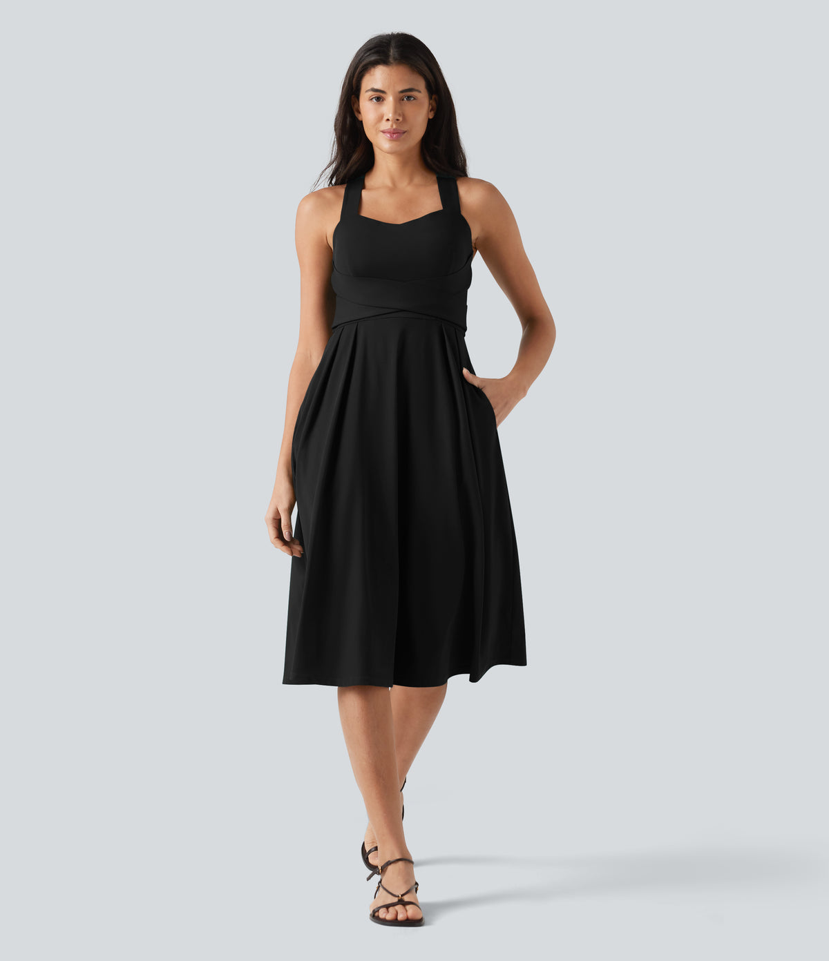 Sweetheart Neck Sleeveless Crisscross Tie-back Midi Casual Flowy Dress with Pockets
