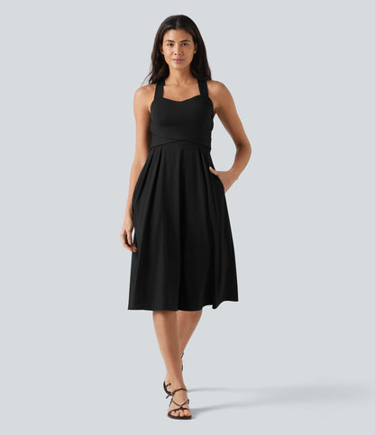 Sweetheart Neck Sleeveless Crisscross Tie-back Midi Casual Flowy Dress with Pockets