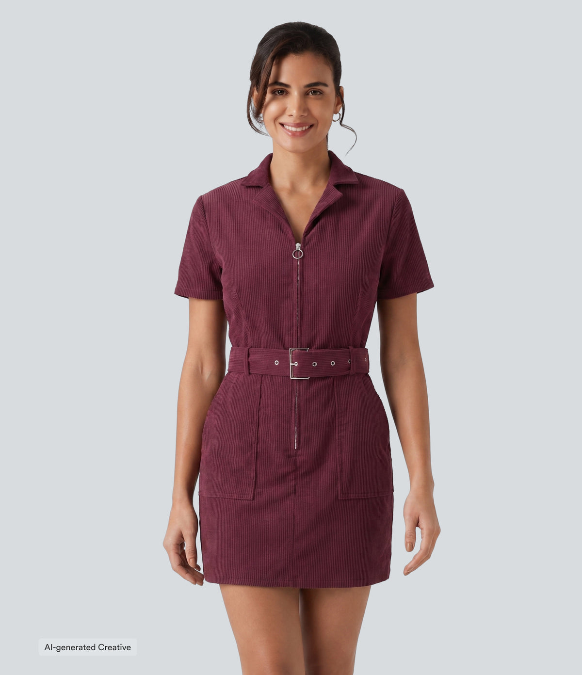 Short Sleeve Belted Corduroy Mini Casual Dress with Pockets