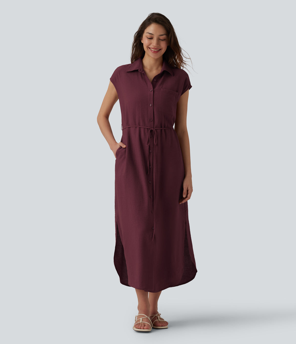 Collar Cap Sleeve Belted Curved Split Hem Midi Casual Shirt Dress with Pockets