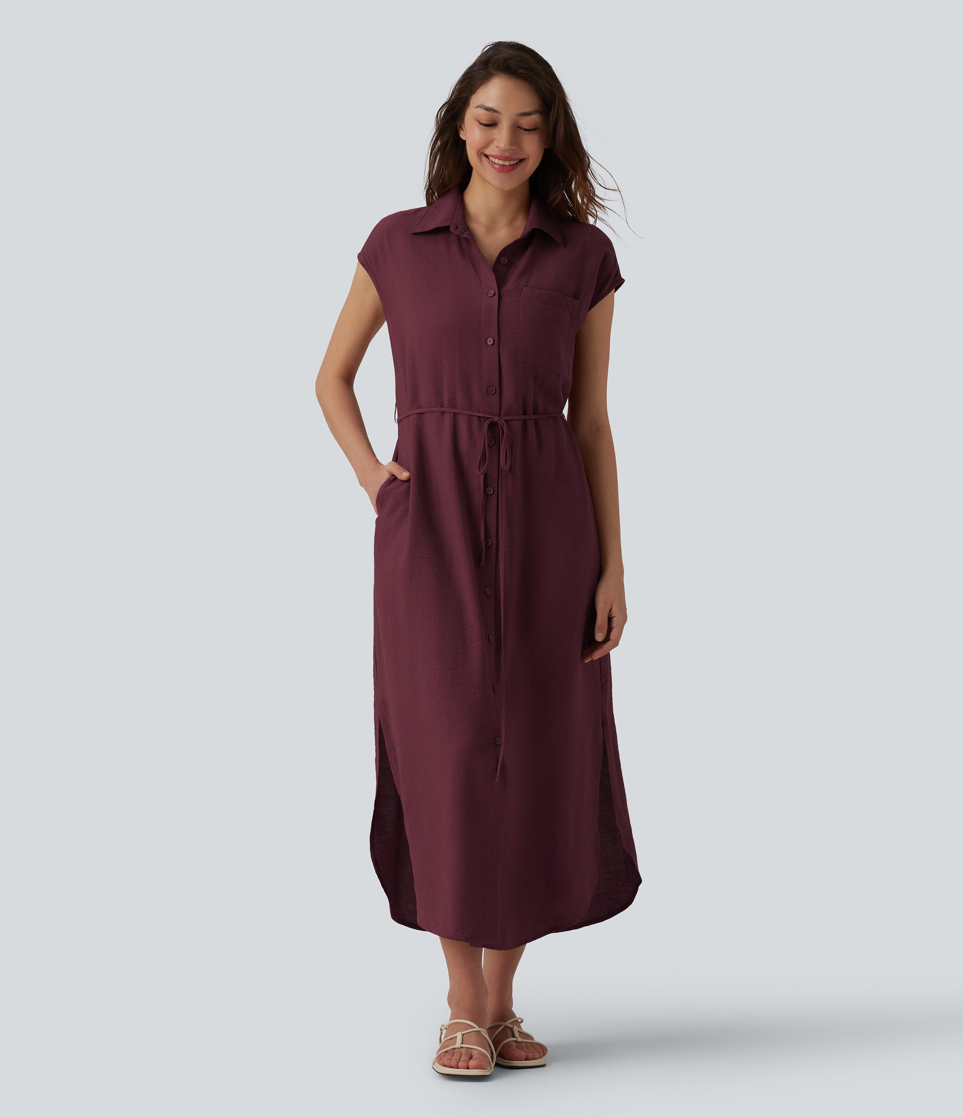Collar Cap Sleeve Belted Curved Split Hem Midi Casual Shirt Dress with Pockets