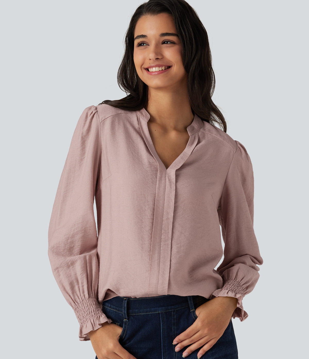 V Neck Puff Long Sleeve Casual Blouse