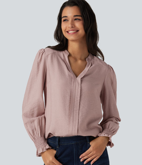 V Neck Puff Long Sleeve Casual Blouse