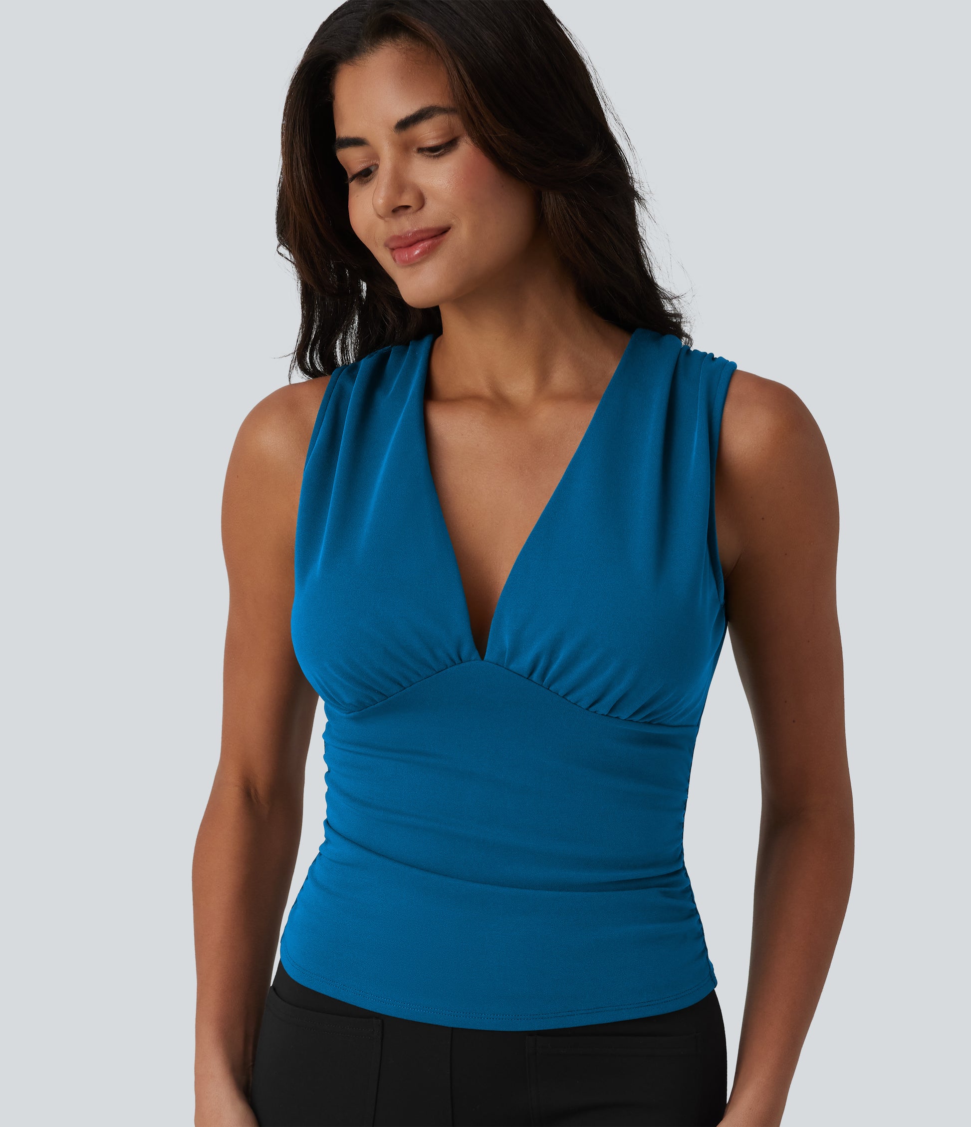 V Neck Ruched Built-in Bra Work Tank Top