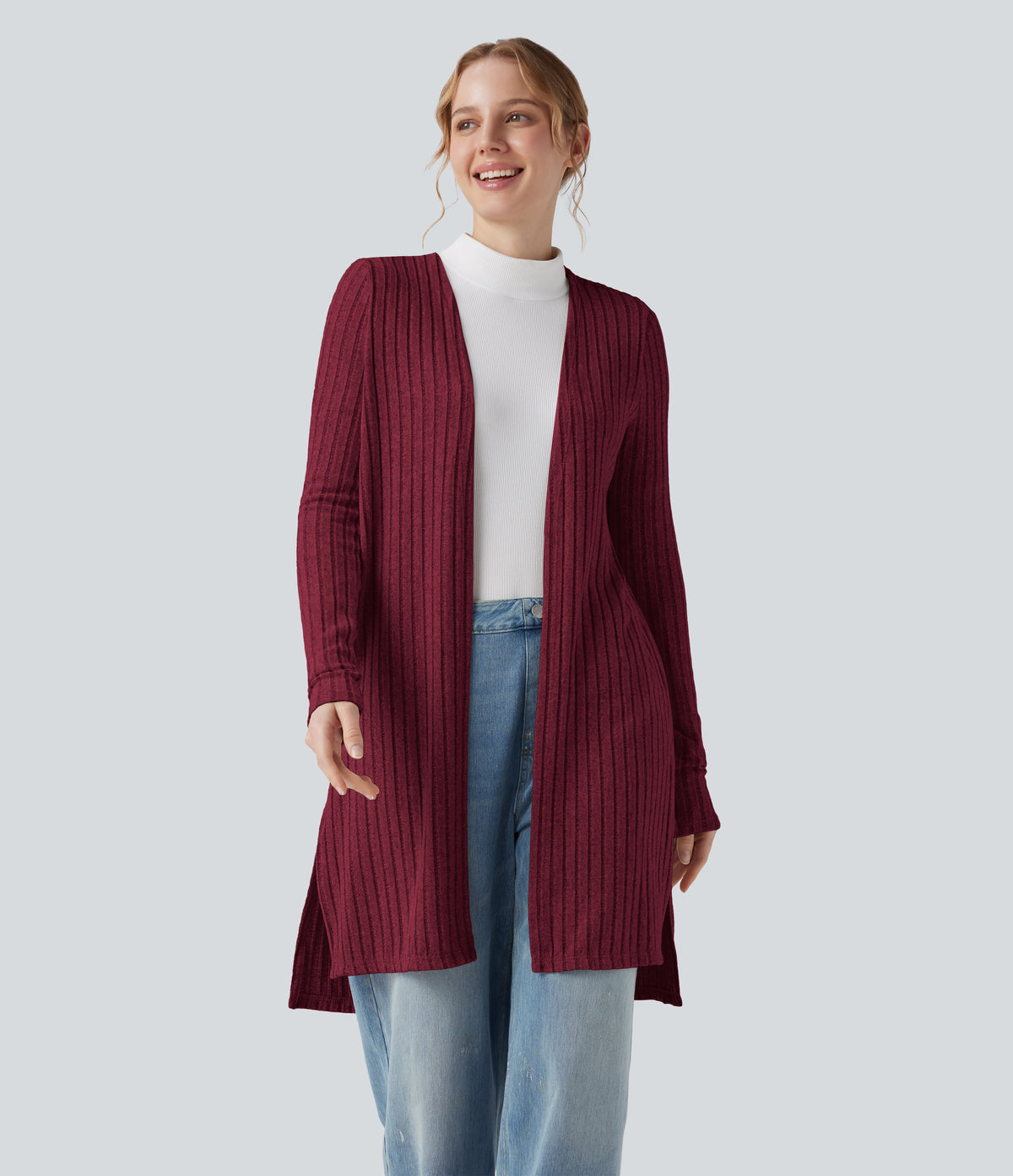 Ribbed Knit Long Sleeve Split Casual Cardigan
