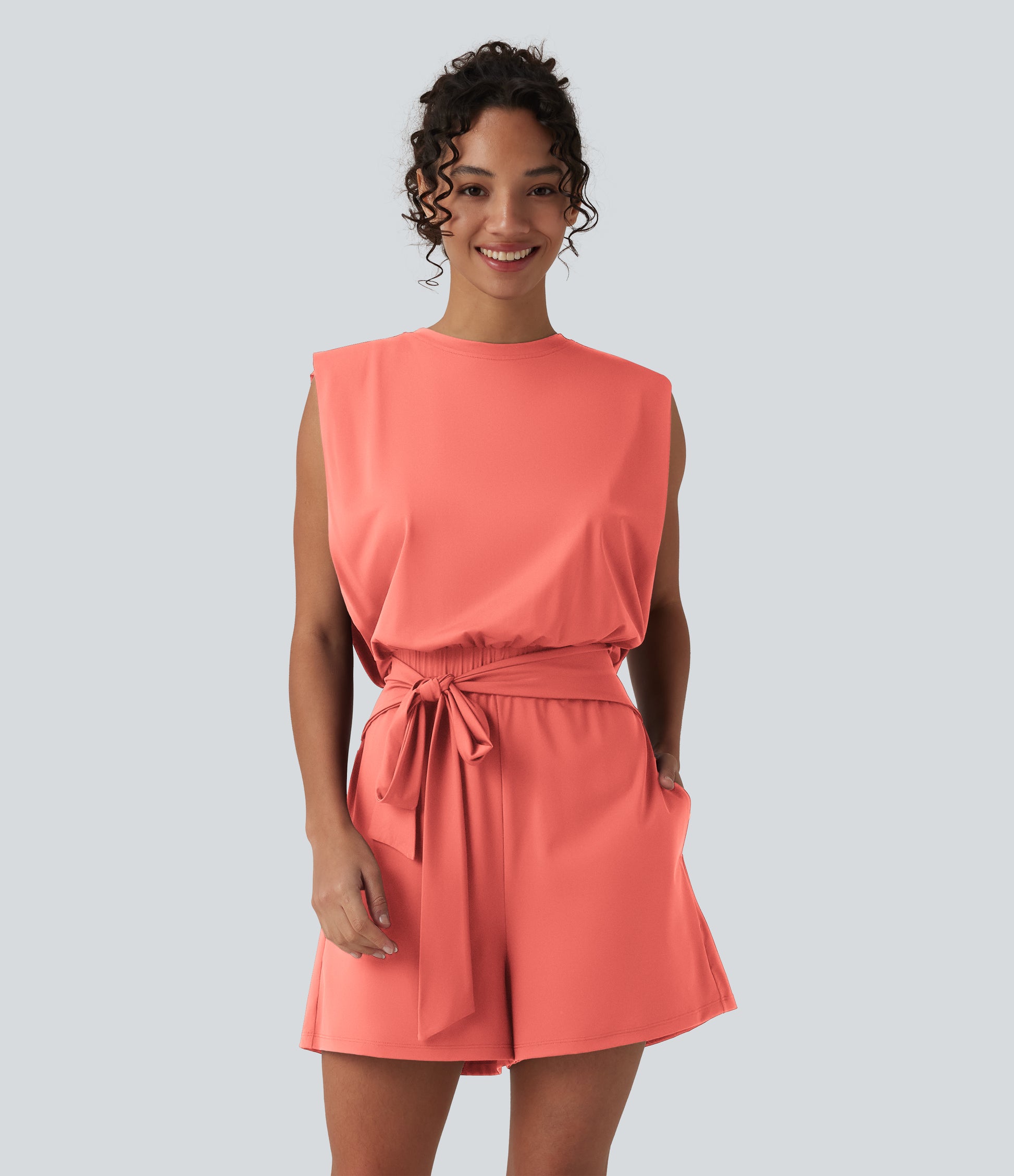 Round Neck Sleeveless Tie-front Cool Touch Casual Romper with Pockets-Easy Peezy-UPF50+