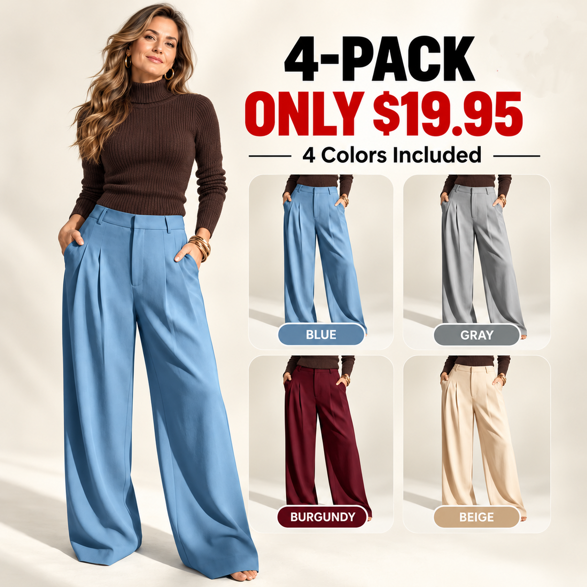 [LAST DAY SALE]Women’s High-Waist Wide-Leg Pants with Free Belt