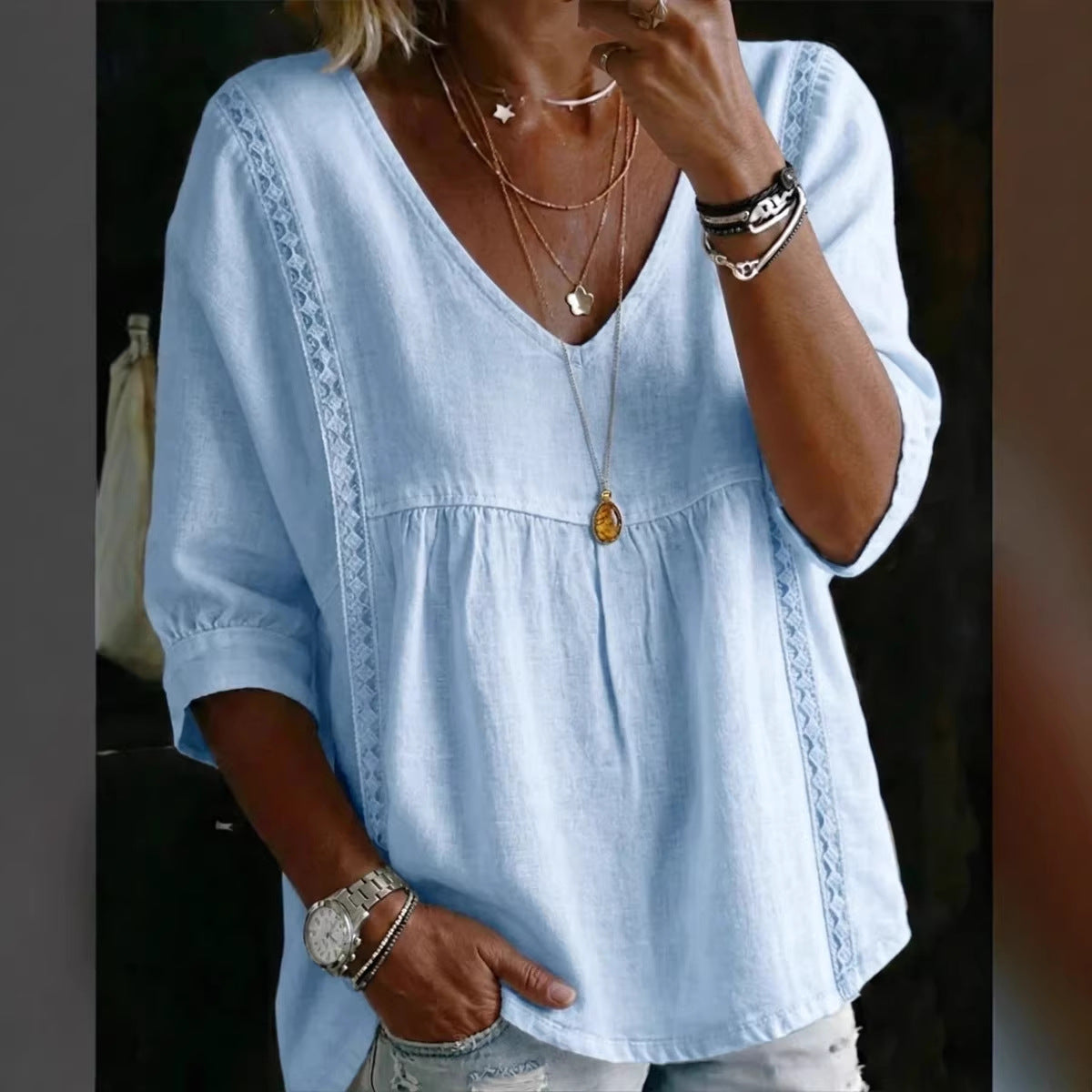 Women's Chic Loose-Fit V-Neck Lace Blouse