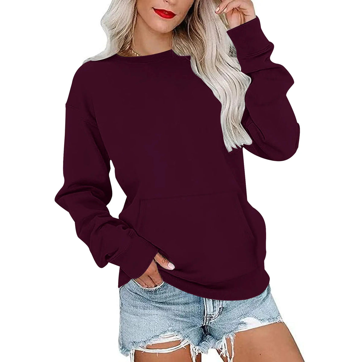 Women's Oversized Crewneck Sweatshirt with Kangaroo Pocket