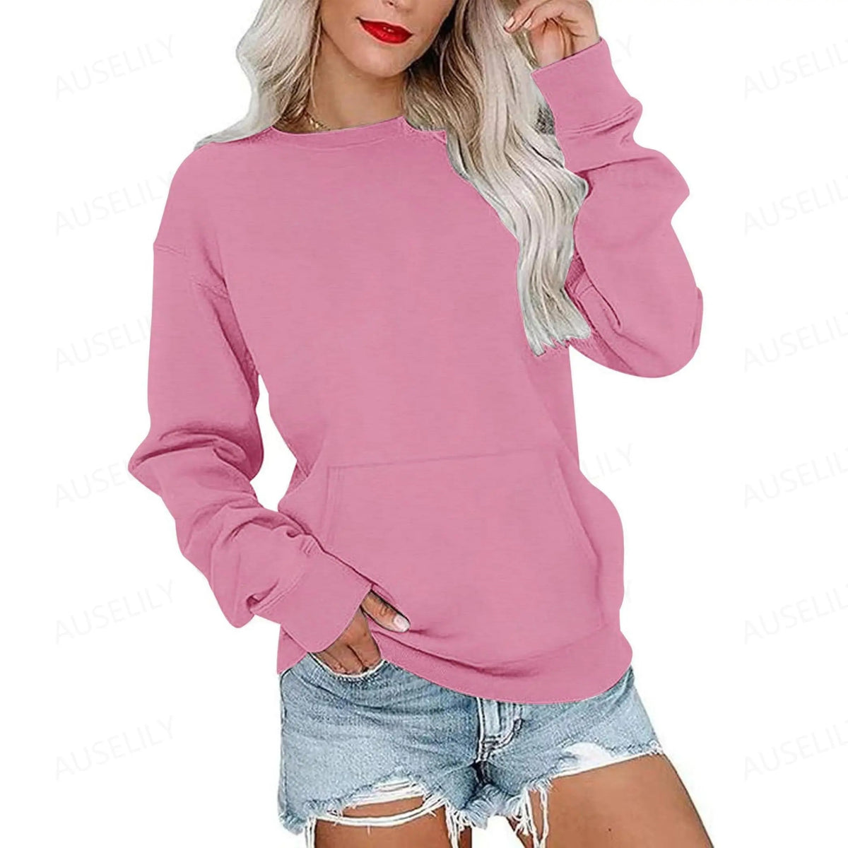 Women's Oversized Crewneck Sweatshirt with Kangaroo Pocket