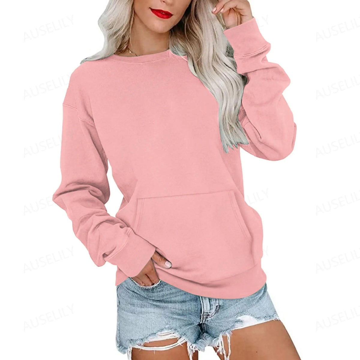 Women's Oversized Crewneck Sweatshirt with Kangaroo Pocket
