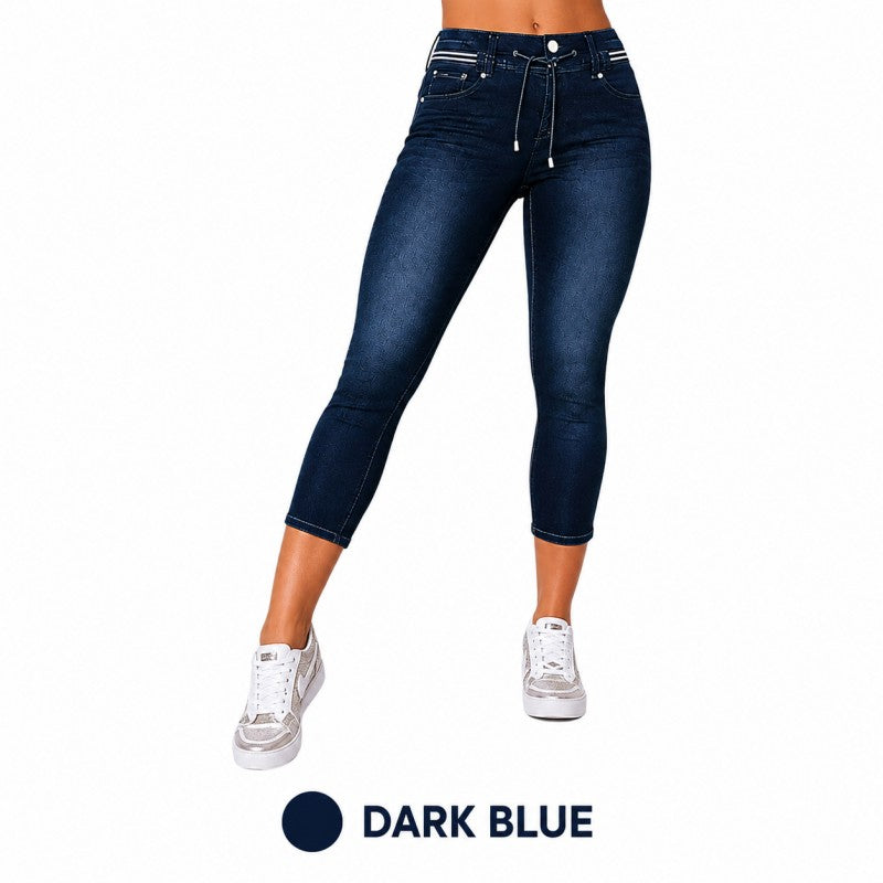 Wash Contrast Binding Double Button Drawstring Mid Waist High Stretch Fit Capri Jeans  Pant