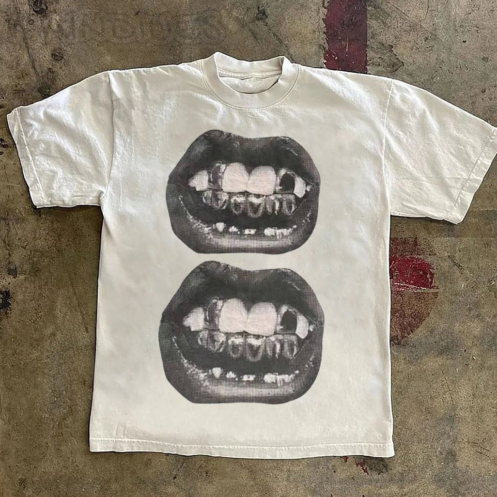 Casual Two Mouths Print Short Sleeve T-Shirt